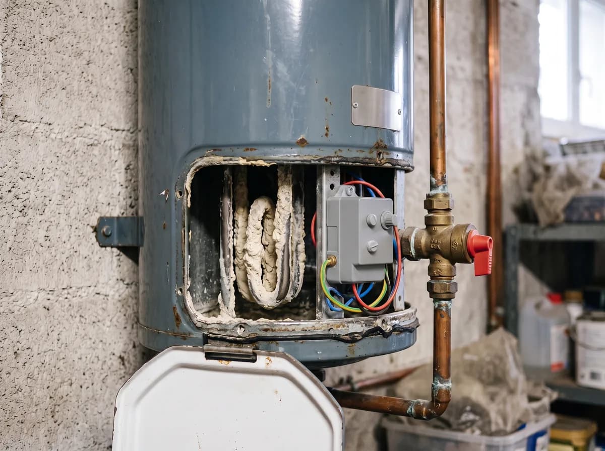 Groupe de sécurité et raccords d'un chauffe-eau ouvert lors d'un dépannage